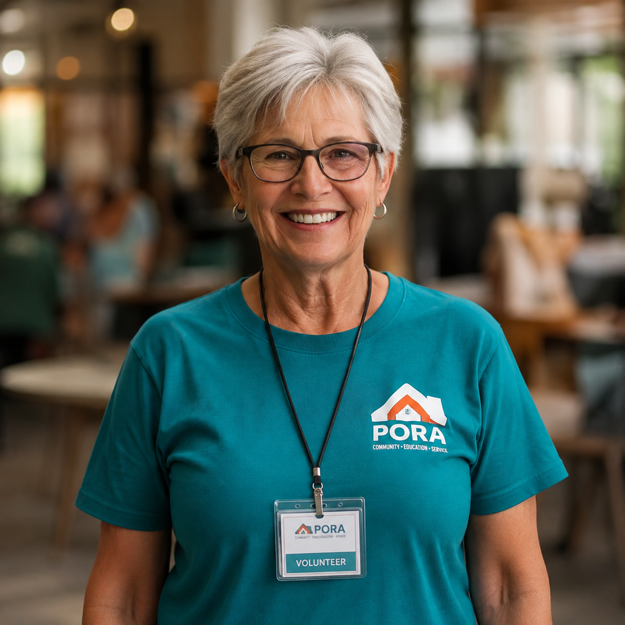 Portrait of a smiling PORA volunteer wearing a name badge